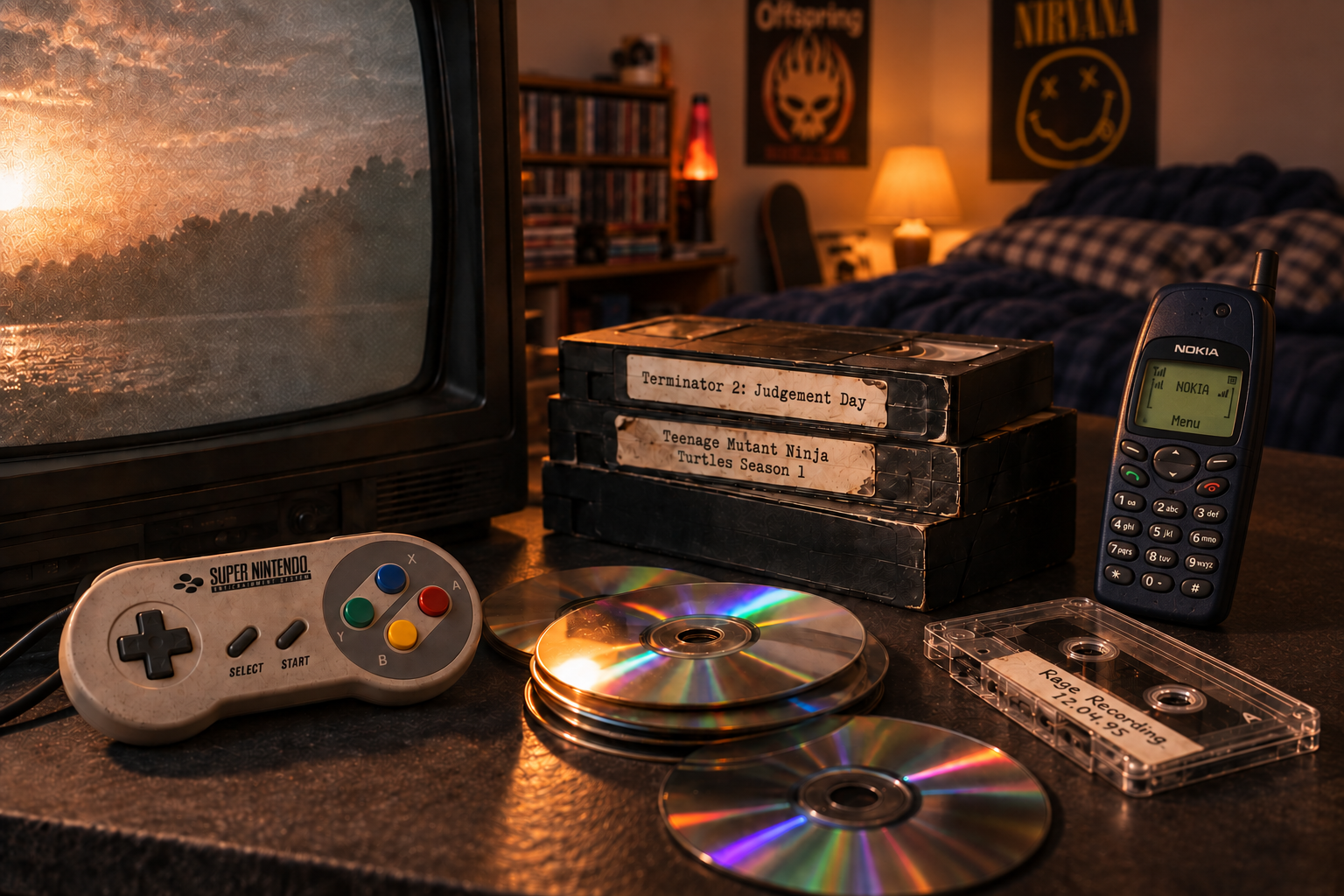A close-up of a CRT television, VHS tapes, CDs, a Super Nintendo controller, an audio cassette and a classic Nokia phone in a teenager’s bedroom around 2000